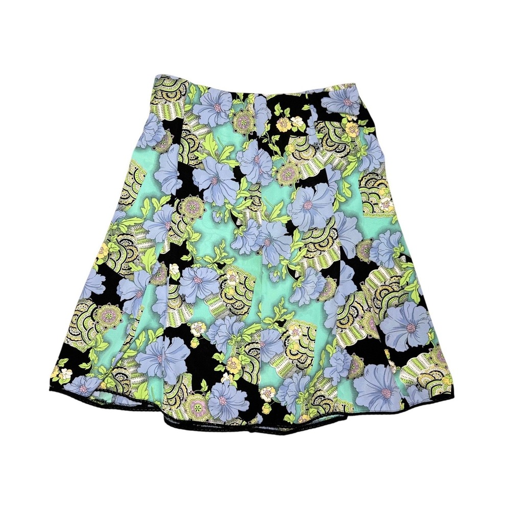 vintage 90s Paisley Floral Midi Skirt Teal Black Purple‎ A-Line Size 8 Large